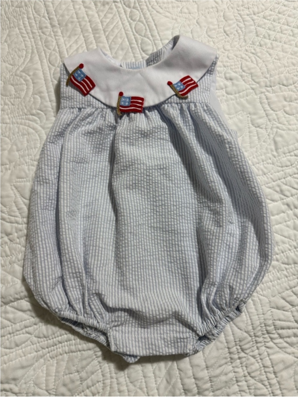 Little English Blue & White Seersucker Bubble Romper with Flag Appliqués